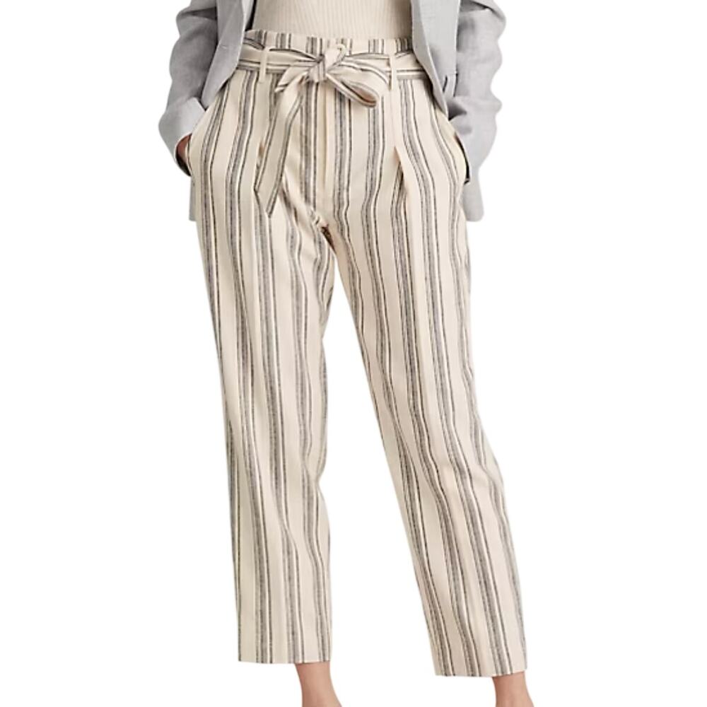 Lauren Ralph Lauren NEW Cream Striped Linen Twill Preppy Classy Waist Tie Pants